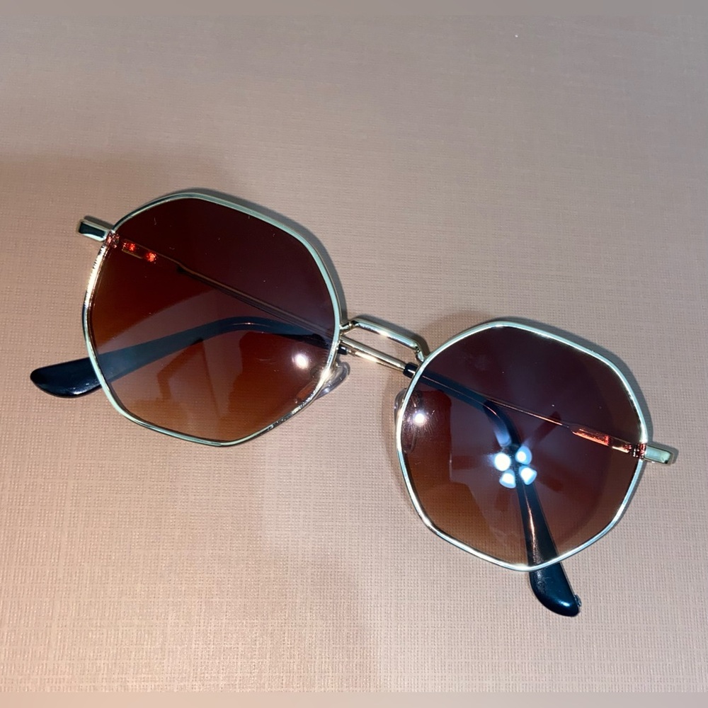 Hexagonal Gold rimmed Sunglasses with Brown Lenses